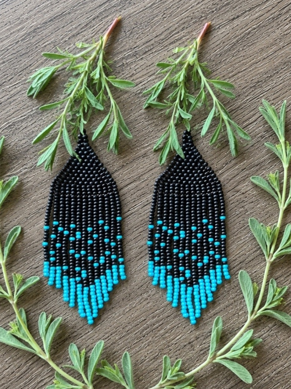 Black and Turquoise Beaded Fringe Earrings - Handmade Drop Style